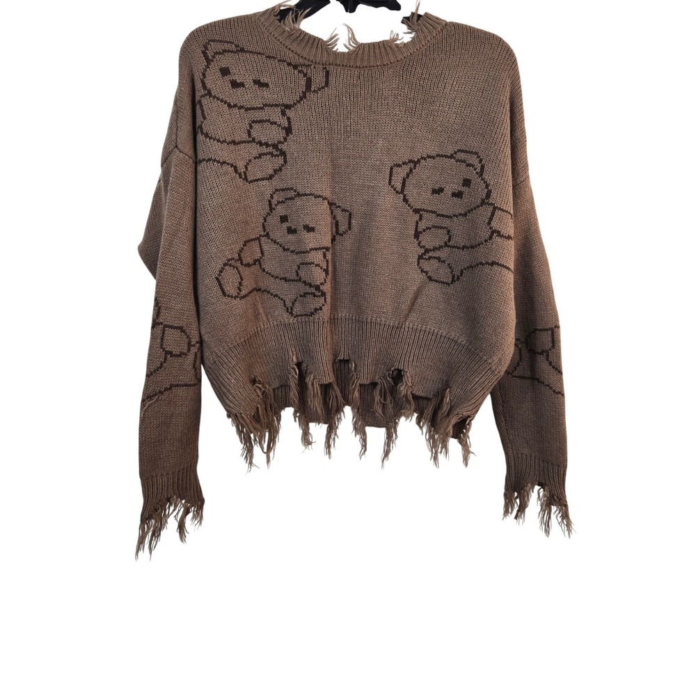 Just Polly Womens Brown Teddy Bear Grunge Distressed Oversized Sweater Small Y2K - Picture 6 of 7